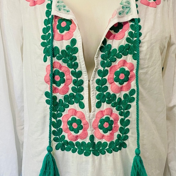 J.Crew Embroidered Linen Cotton Tunic Cover-Up Dress White Floral Tassel Size M - Picture 5 of 8